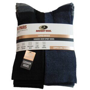 MOSSY OAK Men's Cooper Zone Crew Socks 6 Pack Blue/Blk/Gray Combo Size 10-13